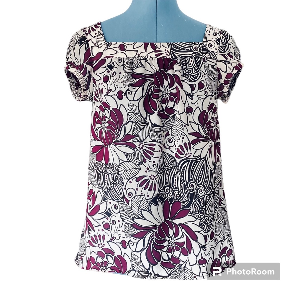 Ann Taylor Petites Purple Floral Short Sleeved Pull-over Blouse SP